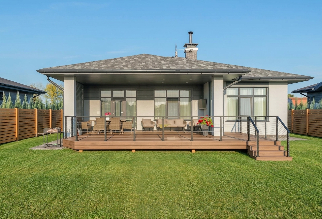 The same backyard rendered with a finished multi-level composite deck and cable railing, generated by Previsual