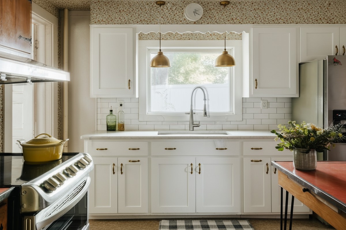 The same kitchen rendered with new cabinetry, island, and finishes by Previsual